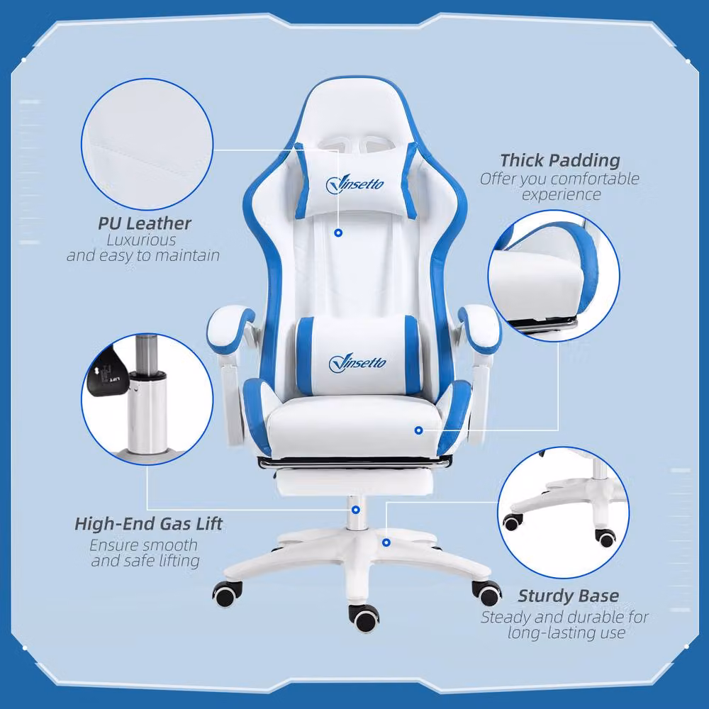 ERGOVEXA Blue and White Synthetic Leather Gaming Chair with Headrest and Swivel Castors – 4