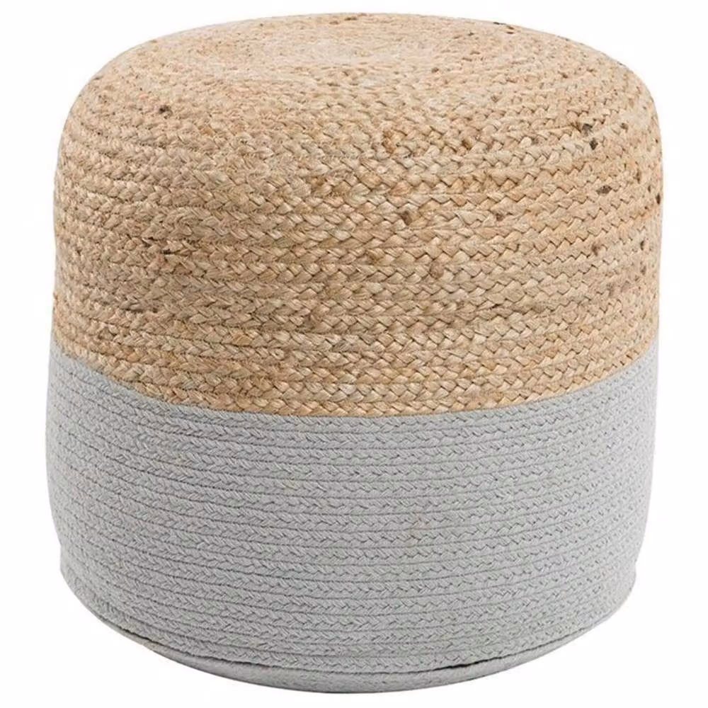 Wyld and Coco Grey Handwoven Jute and Cotton Boho Pouf Ottoman, Diameter: 46 cm