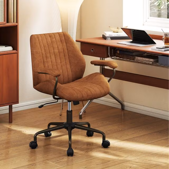 Costway Mid Century Brown Synthetic Leather Swivel Executive Computer Desk Chair with Armrests
