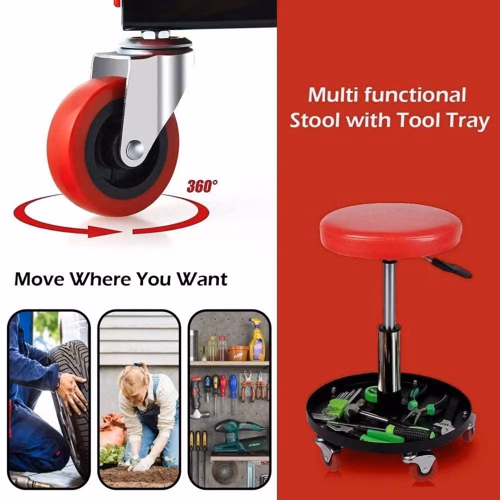 FLAVORA Mechanic Rolling Seat Stool with Swivel Wheels in Red, W/D/H: 52 x 52 x 45 cm – 4