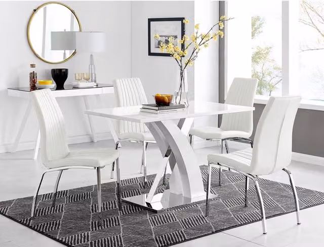 FurnitureboxUK Atlanta White Gloss and Chrome Rectangle Dining Table and 4 Isco Dining Chairs Set