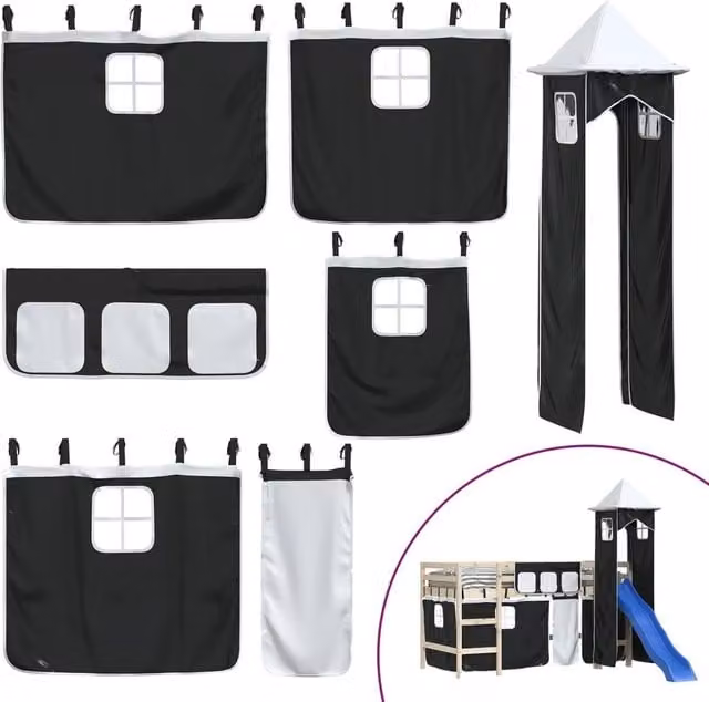 Berkfield Home Opaque Polyester Loft Bed Curtains in White and Black with Tab Tops
