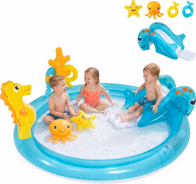 COSTWAY Inflatable Kids Marine Life Oval Spray Pool with Slide in Blue