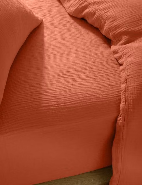 M&S Pure Cotton Muslin Deep Fitted Sheet in Rust, 180 x 200 cm