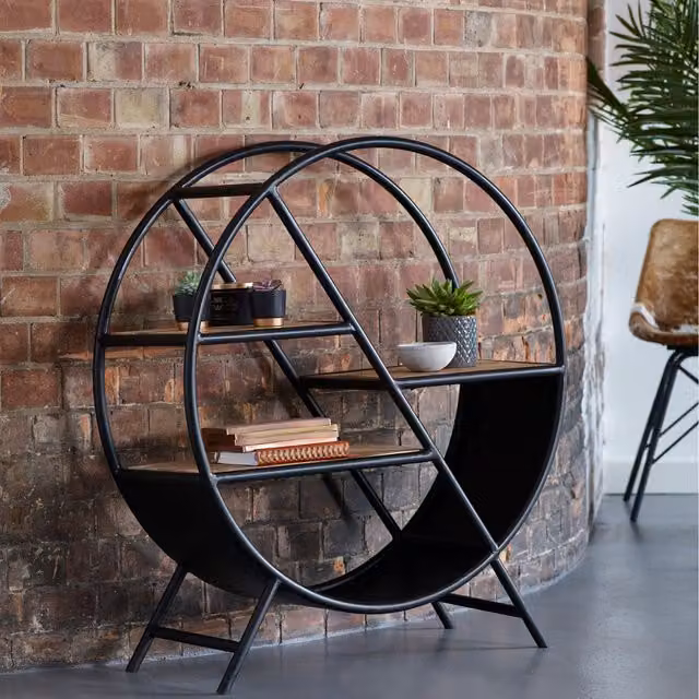 IH Design Industrial Round Bookcase in Black Metal and Wood