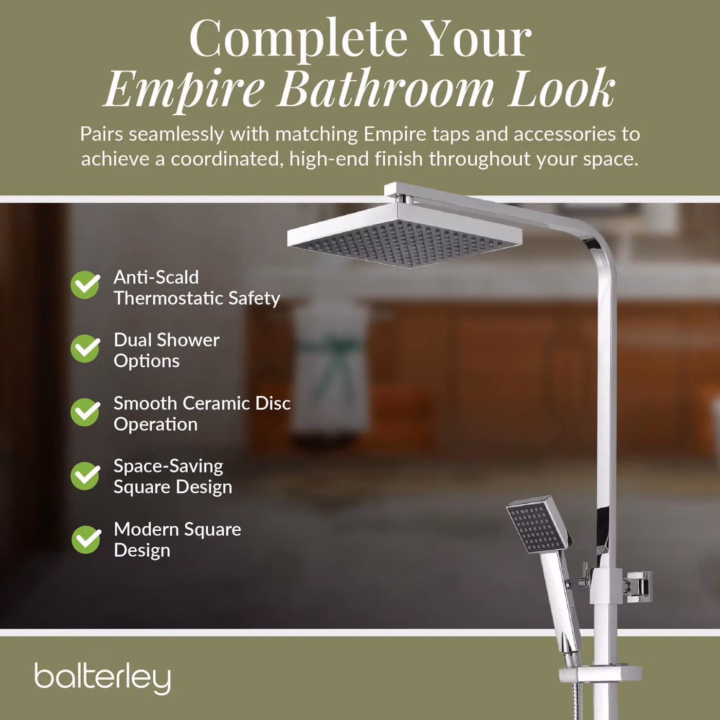 Balterley Empire Square Shower Kit with Fixed Head, Adjustable Handset and Thermostat in Chrome and Silver – 4