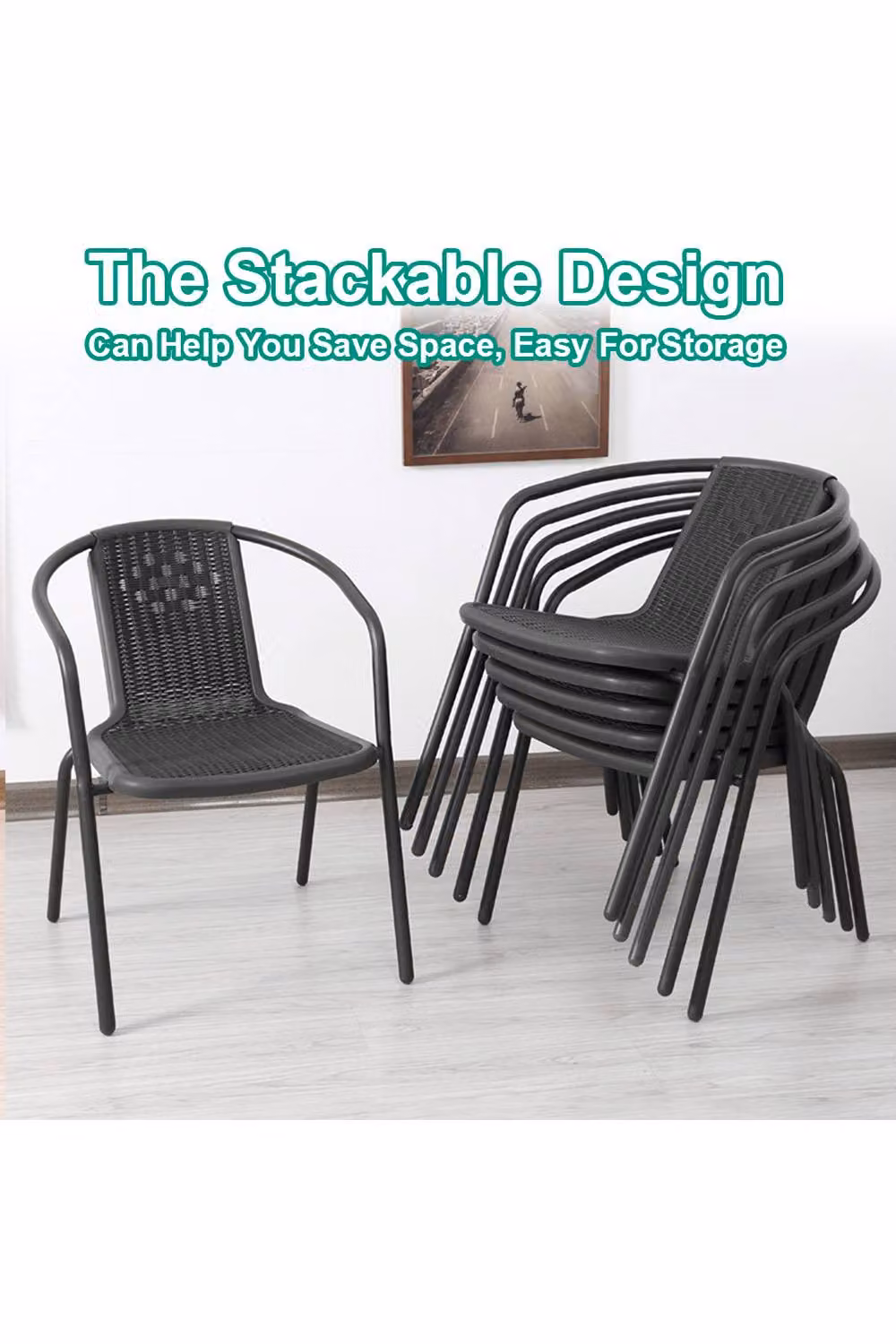 Living and Home Set of 2 Black Matt Rattan and Metal Stacking Outdoor Garden Chairs – 2