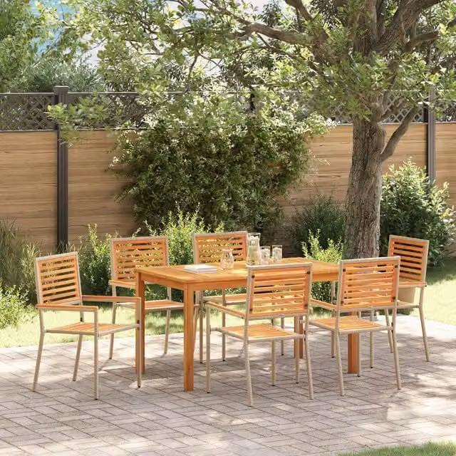 Berkfield Home 7 Piece Garden Dining Set in Beige Poly Rattan and Acacia Wood – 1