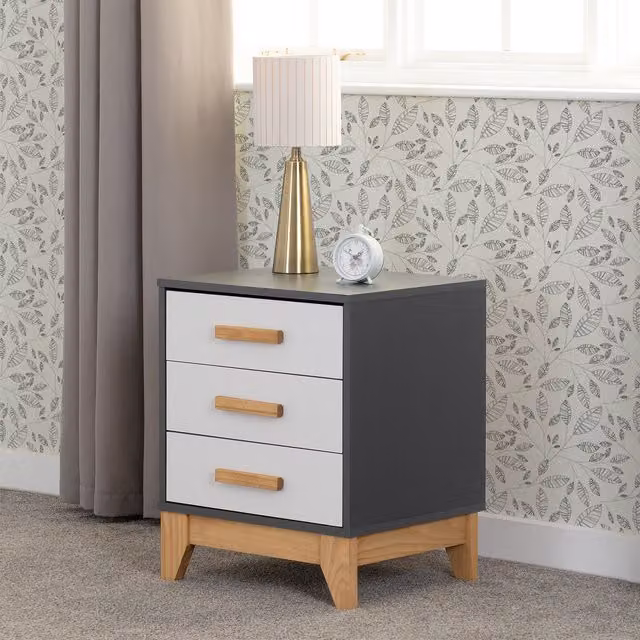 Seconique Cleveland 3 Drawer Bedside Table in Grey and White