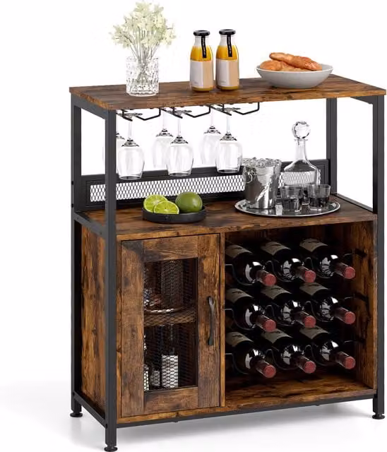 COSTWAY Industrial Coffee Bar Sideboard Buffet Cabinet in Brown Wood and Metal