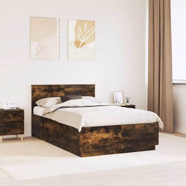 Berkfield Home Modern Bed Frame in Smoked Oak Brown with Under-Bed Lighting and USB Charging Port, W: 135 cm, L: 190 cm