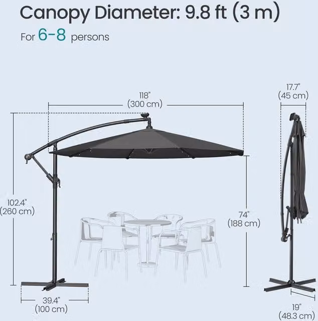 SONGMICS Solar LED Cantilever Garden Parasol in Grey with Polyester Canopy