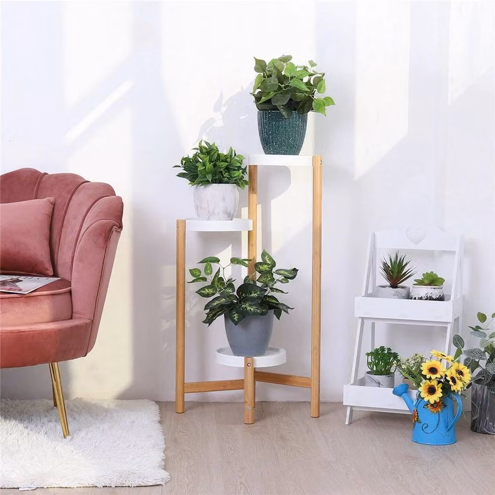 KORVIXA 3 Tier Round Indoor Corner Bamboo Plant Stand with Planter in Natural Beige, Height: 80 cm, Width: 80 cm, Depth: 80 cm – 3