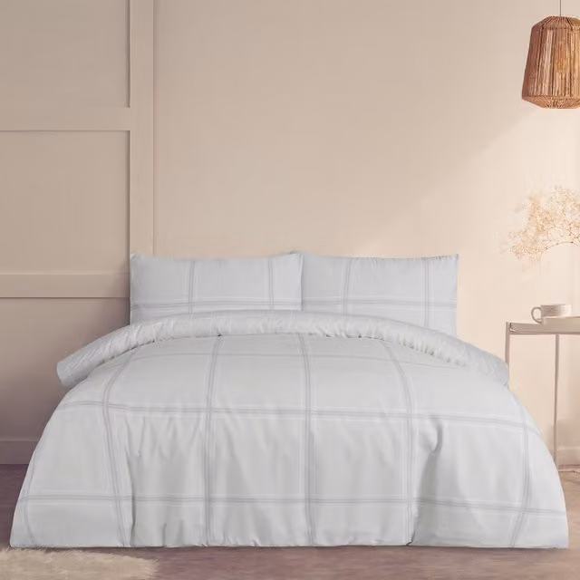 Smart Living Wholesale Ltd. Reversible Linear Check Duvet Cover and Pillowcases, Grey and White, W/D/H: 200 x 200 cm and 50 x 75 cm