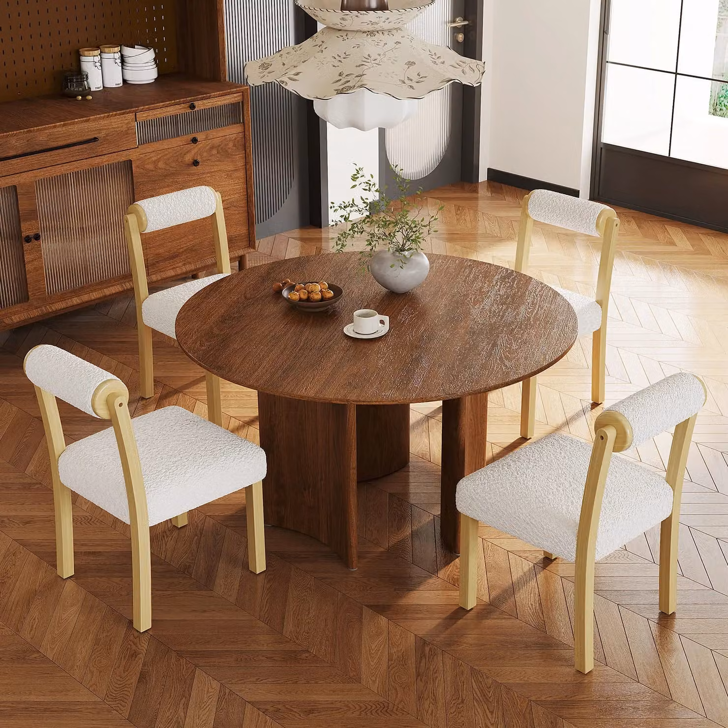 Costway Set of 2 White Wooden Dining Chairs with Faux Sherpa Bouclé Upholstery – 3