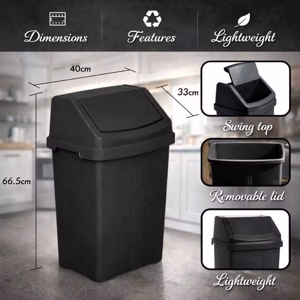 FLAVORA Midnight Black Plastic Swing Top Bin, W: 40.0 cm, D: 66.5 cm – 2