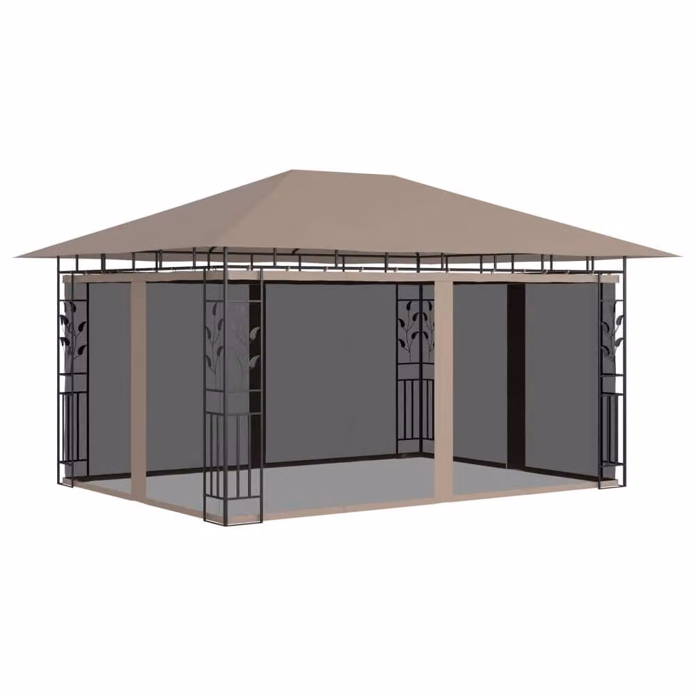 Berkfield Home Gazebo with Mosquito Net and LED String Lights, Beige, W: 400 cm, D: 300 cm, H: 273 cm – 3