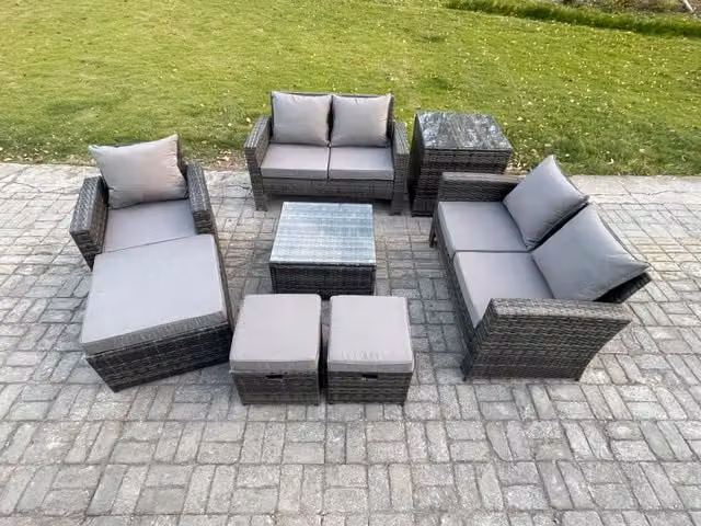 Fimous 8 Seater Dark Grey Rattan Garden Furniture Set with U-Shape Sofa, Coffee Table, Side Table and 3 Footstools