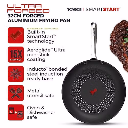 Tower T900303 SmartStart Ultra Forged 32cm Aluminium Non-Stick Frying Pan, Black, Induction Compatible and Oven Safe – 2