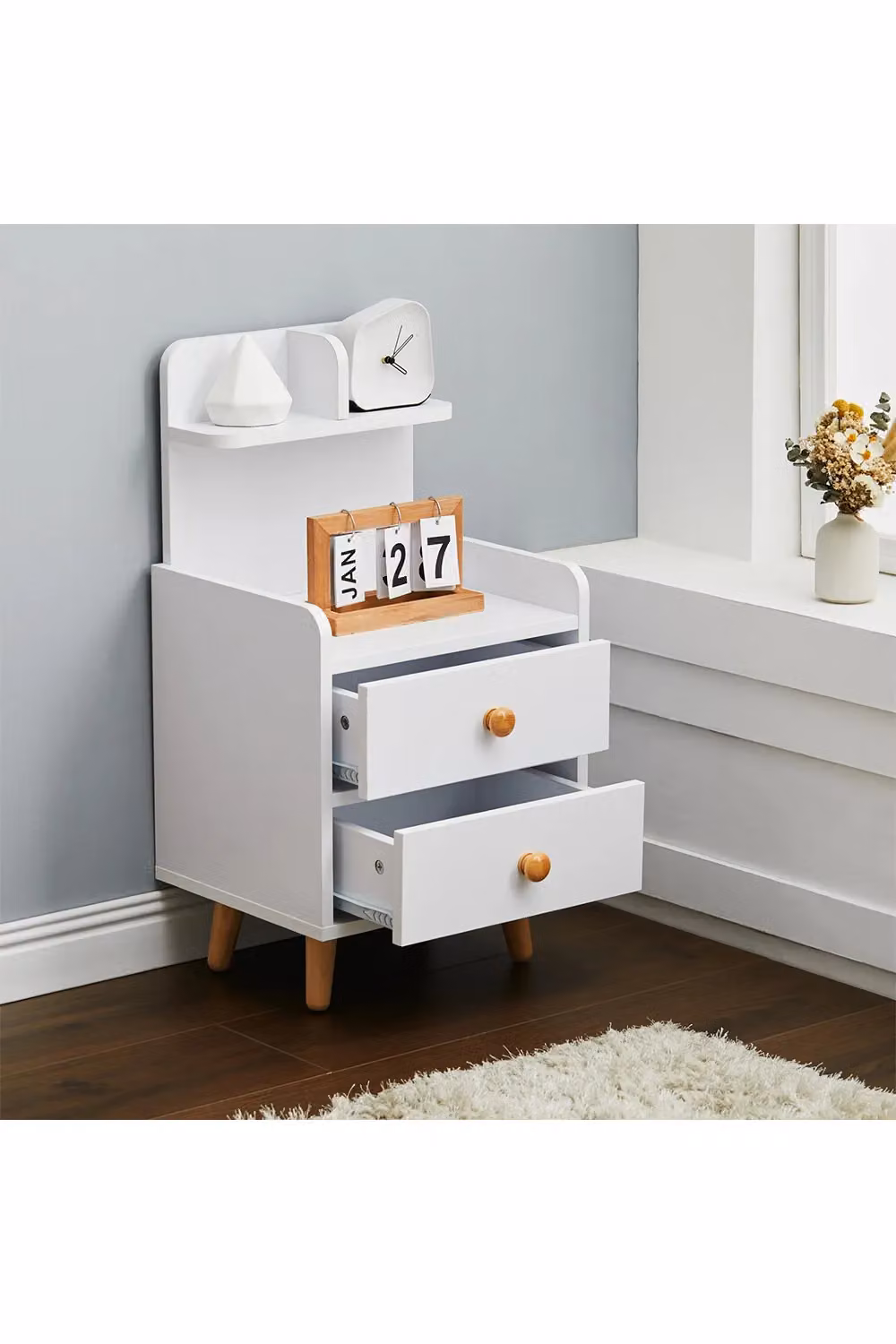 Living and Home White 2 Drawer Wooden Bedside Table with Wooden Legs – 2