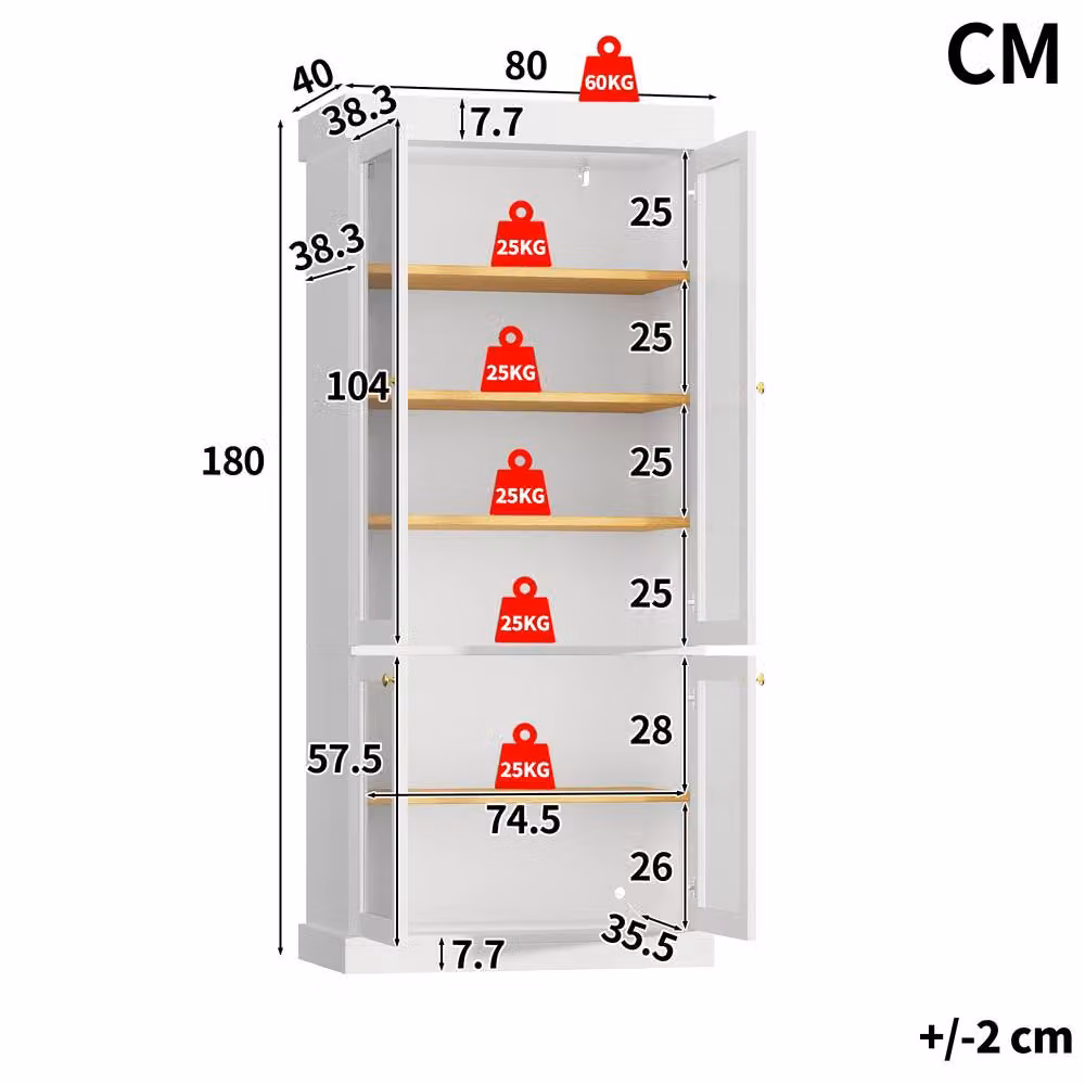 BTM Modern White LED Display Cabinet with Glass Doors and Internal Shelves, H 180 x W 80 x D 40 cm – 4