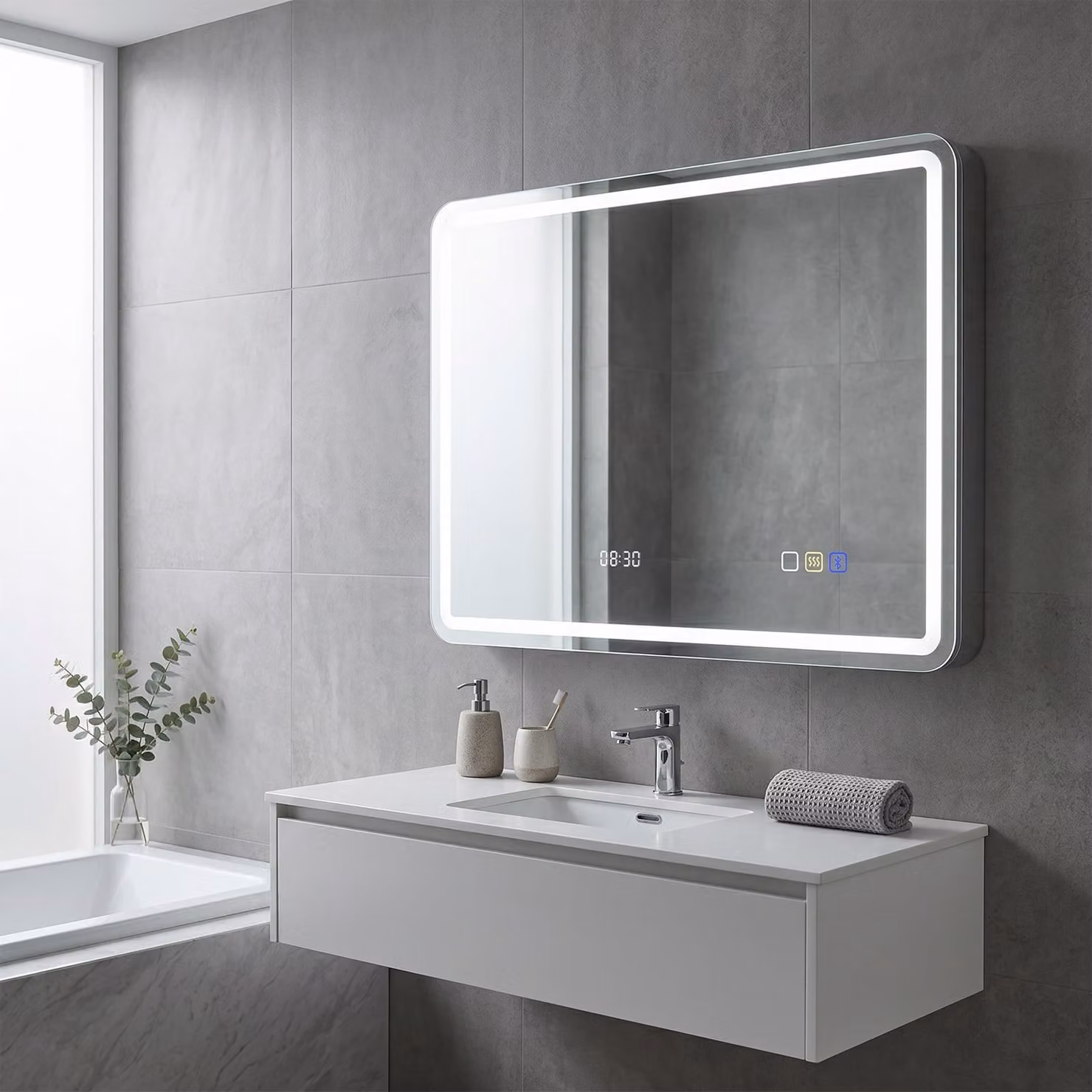 HOMCOM Bluetooth LED Bathroom Mirror with Clock and Anti-Fog Function, Silver Tone, W: 60 cm, H: 80 cm – 8