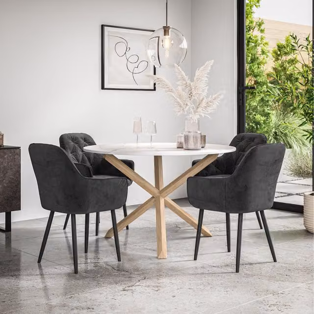 More4Homes Malvern Round Marble Effect Dining Table Set with Oak Legs and 4 Black Anika Velvet Chairs