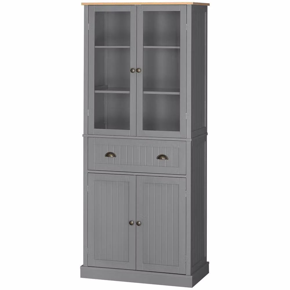 STILVORA Grey Matt Kitchen Pantry Cupboard with Glass Doors and Internal Shelves – 5