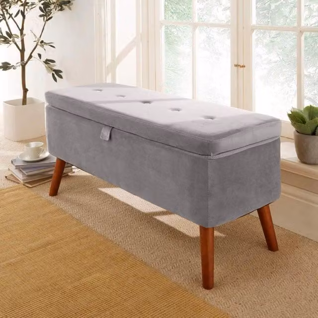 Home Source Carson Velvet Ottoman Storage Box with Legs in Grey