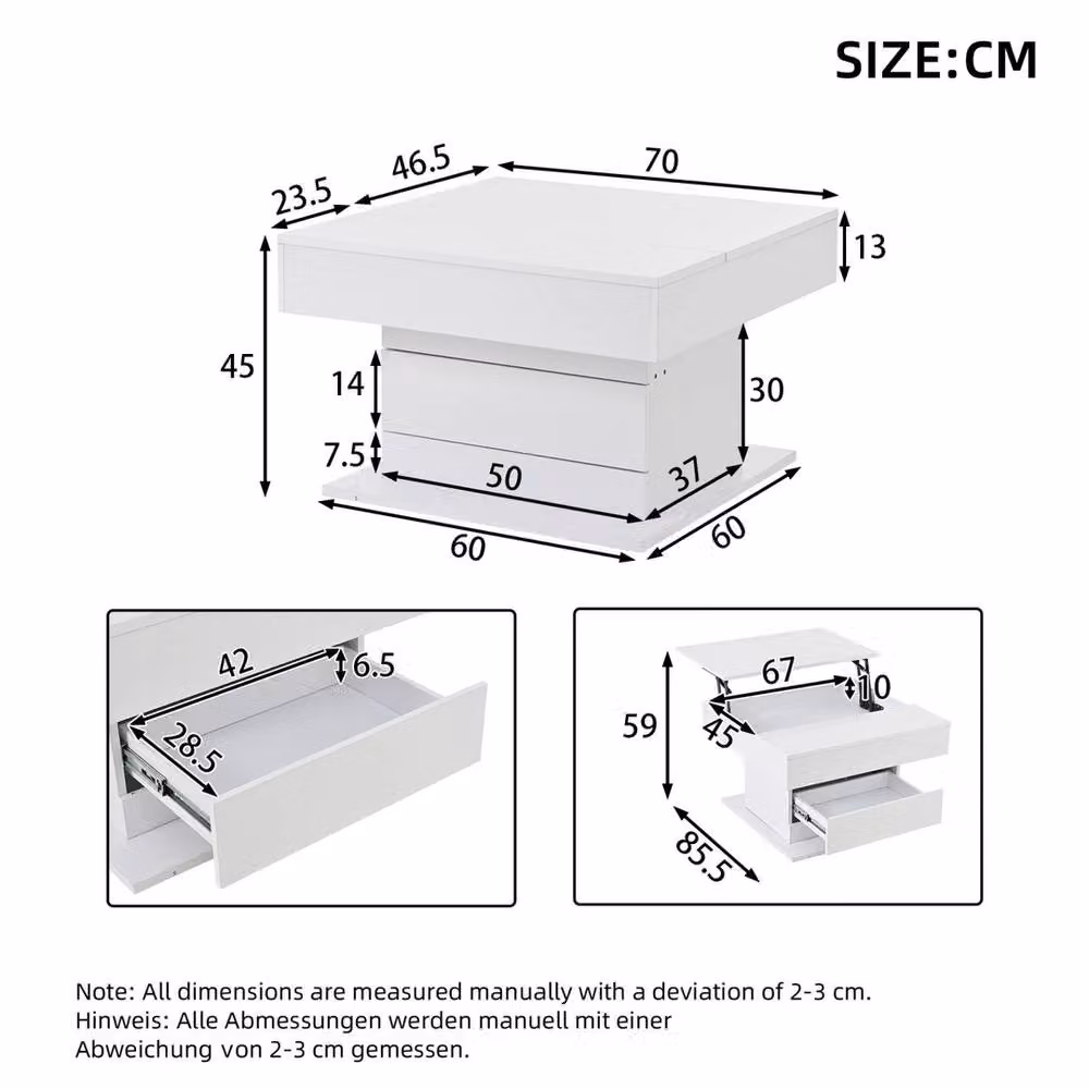 VOGREX White Glossy Coffee Table with Lift Top and Hidden Storage Compartment, W/D/H: 70 x 70 x 45 cm – 2