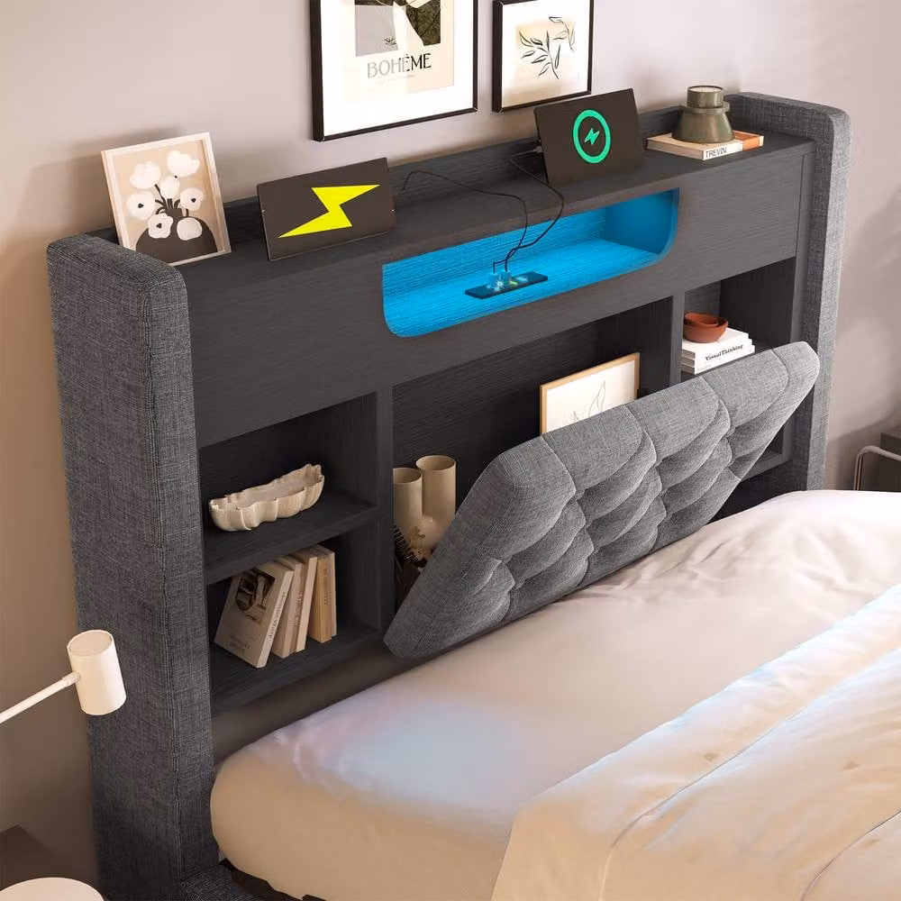 Rolipo Grey Upholstered Double Ottoman Bed with LED Lighting, USB Charging Port and Bedside Shelf, W/D/H: 140 x 200 cm – 6