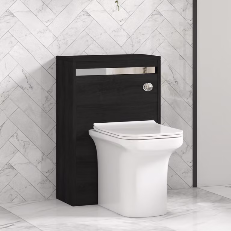 Royal Bathrooms Orion 540mm Hale Black BTW WC Unit with Crosby Rimless Ceramic Toilet Pan, Seat and Cistern with Chrome Accent Trim