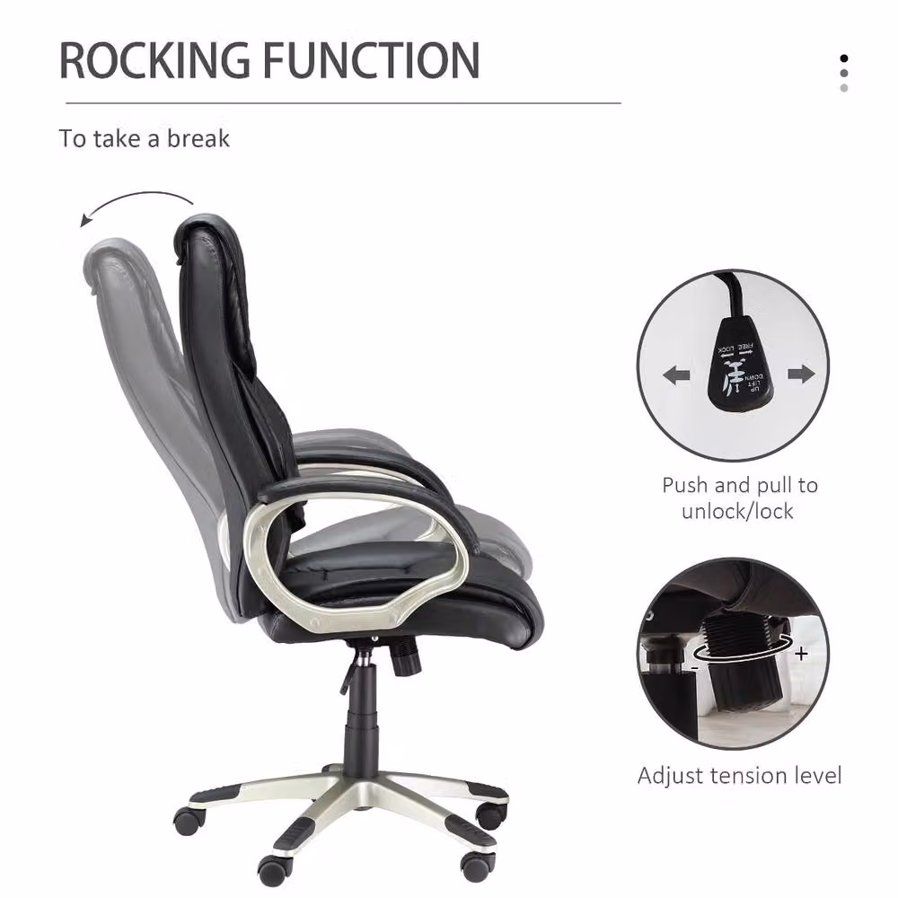 Rolipo Black Faux Leather High Back Executive Office Chair with Rocking Function and Headrest – 6