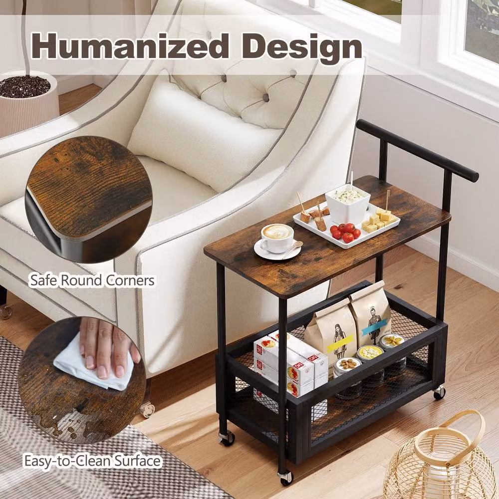 Gymax 2-Tier Industrial Rolling End Table with Handle and Mesh Basket in Brown – 5