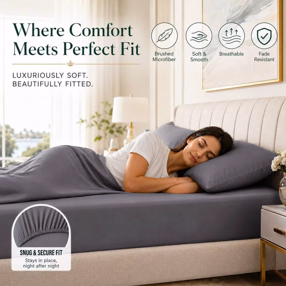 Pamposh Grey Microfibre Plain Double Fitted Sheet with 40cm Extra Deep Pocket, W/D/H: 140 x 200 cm – 4