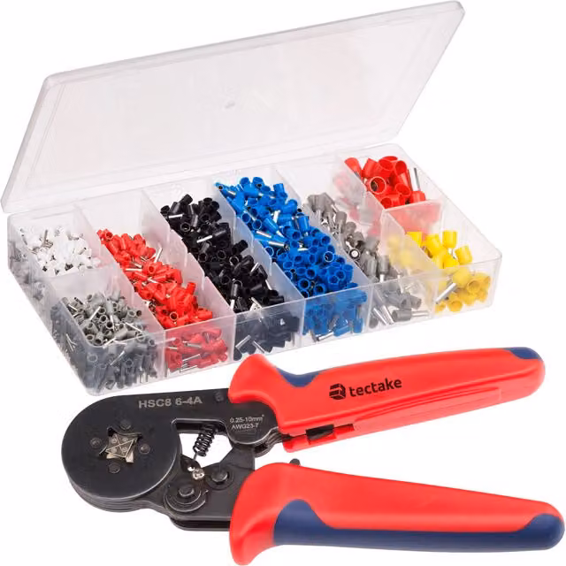 Tectake Crimping Tool with 1200 Multicoloured Ferrules, Black and Red