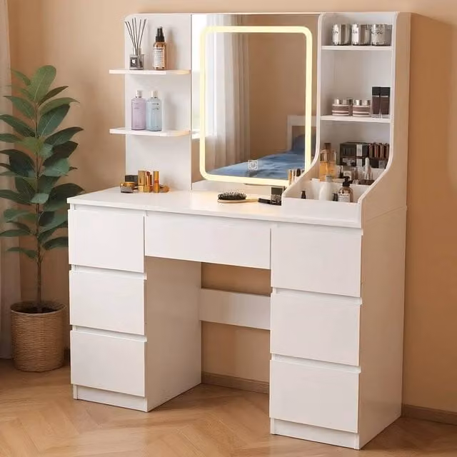 FLAVORA Modern White Dressing Table with Hollywood LED Light Mirror, W/D/H: 139.0 x 110.0 x 60.0 cm – 1