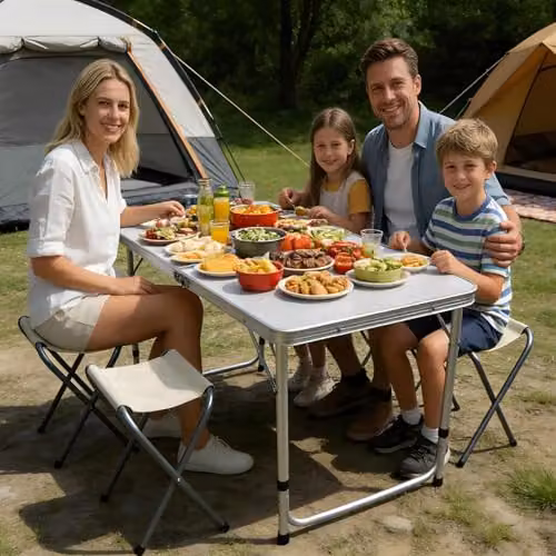 Gr8 Garden Height Adjustable Folding Camping Picnic Table Set with 4 Stools, Grey Powder Coated Aluminium and MDF Laminate, W/D/H: 120 x 60 x 70 cm – 5