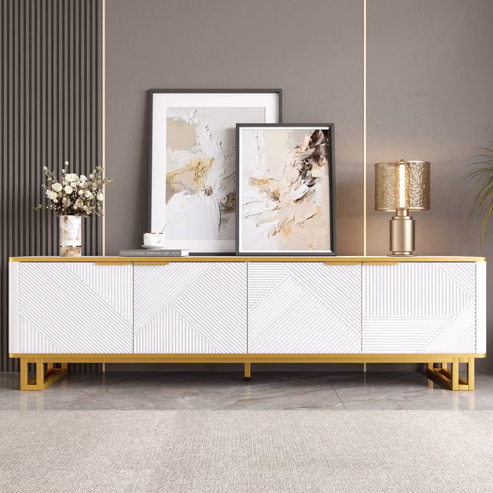 ModernLuxe White Matt TV Cabinet with 4 Doors and Geometric Texture – 2
