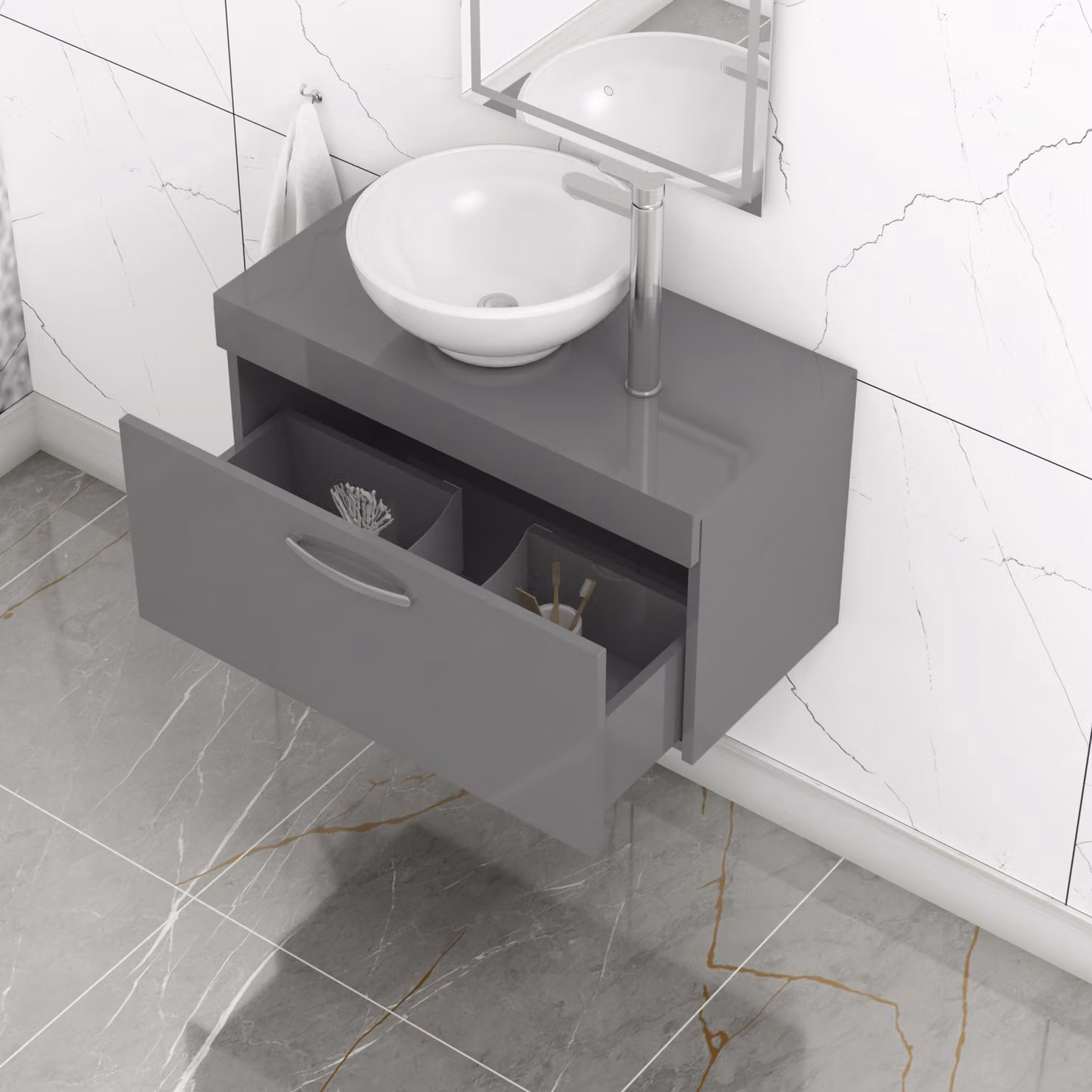 Royal Bathrooms Turin 800mm Indigo Grey Gloss 1-Drawer Wall Hung Unit and 420mm Round Countertop Basin