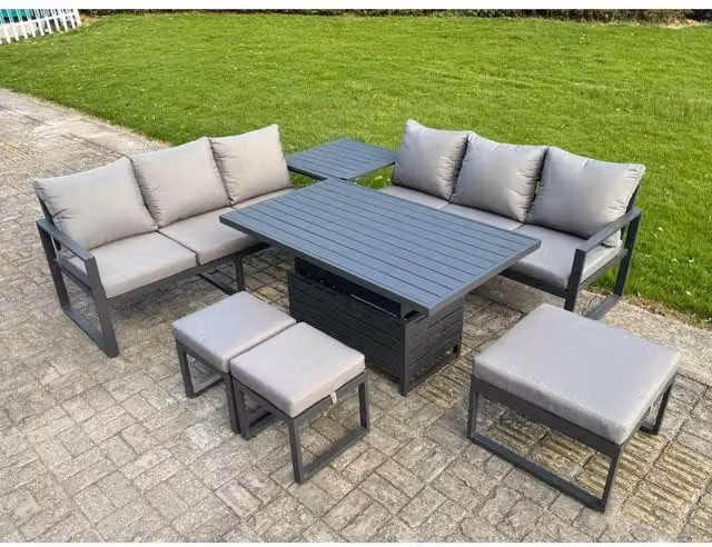 Fimous 7-Piece Powder Coated Aluminium Sofa Set with Height-Adjustable Lifting Table and Side Table in Dark Grey