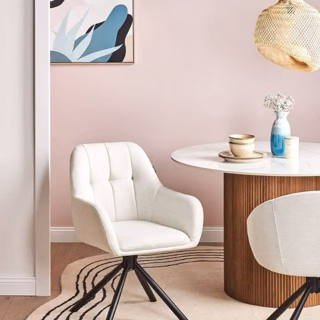 Wyld and Coco Prestige Swivel Dining Chair in Off-White Fabric with White Metal Base