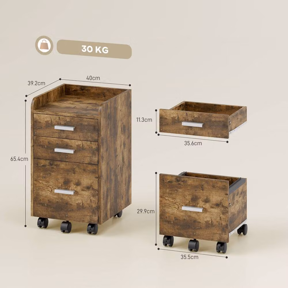STILVORA 3-Drawer Filing Cabinet with Castors, Rustic Dark Brown – 3