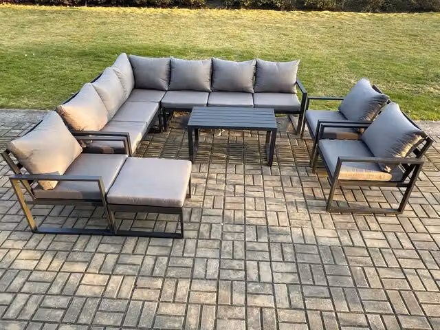 Fimous 3-Piece Aluminium Garden Furniture Set in Dark Grey with L-Shape Corner Sofa, Oblong Coffee Table and Matching Ottoman