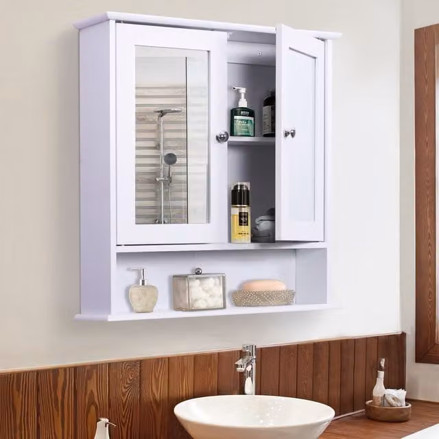 Kleankin Wall Mounted White Bathroom Cabinet with Mirror Door and Internal Shelves