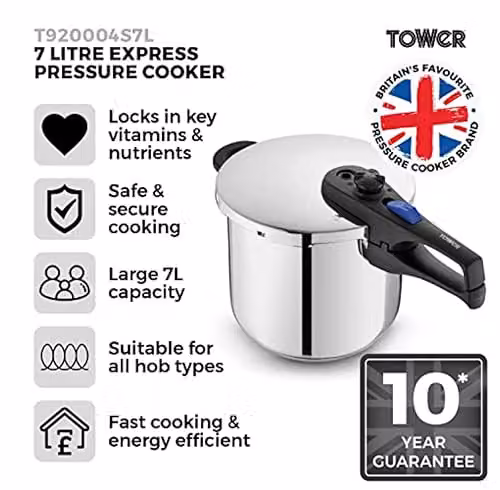 Tower Stainless Steel Pressure Cooker with Steamer Basket, Silver, 6L – 2