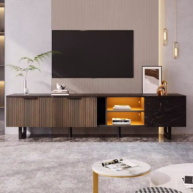 Aosom UK Modern TV Cabinet with 2 Wood-Grain Doors and 2 Open Shelves in Black and Wood, W: 200 cm, D: 38 cm, H: 50 cm – 1