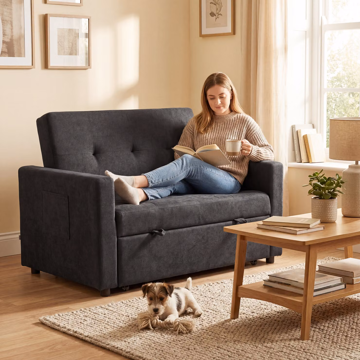 HOMCOM Black Fabric Loveseat Sofa Bed with Click-Clack Sleeping Function and Scatter Cushions – 2