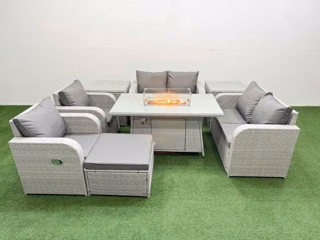 Fimous 7 Seater Rattan Garden Furniture Set with Reclining Chairs, Firepit Dining Table, Footstool and 2 Side Tables in Light Grey