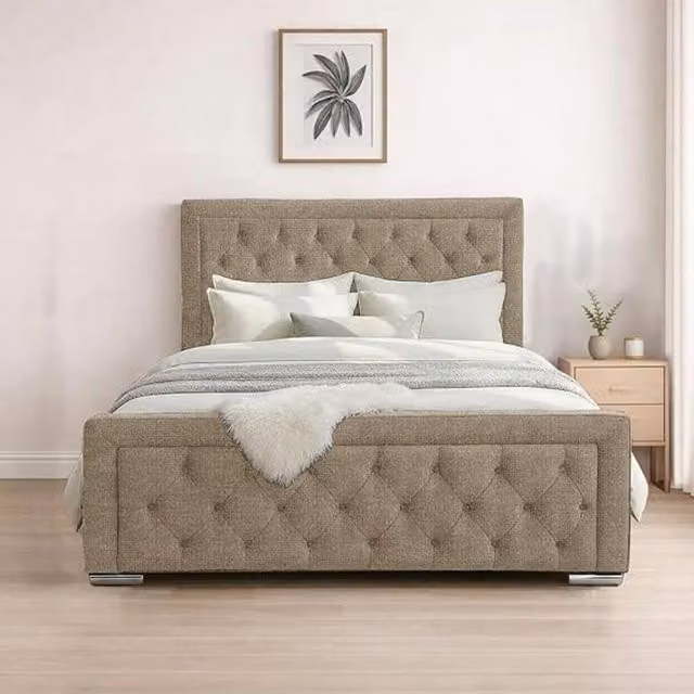 Bed Time UK Naples King Size Upholstered Bed Frame with Chesterfield Floor Standing Headboard in Beige